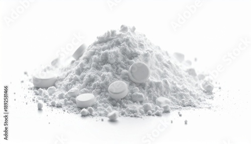 White medicine pills and crushed powder on a clean isolated background