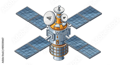Illustration of a satellite with solar panels and antennas against a white background.