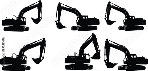 Black silhouette of excavators in various poses on a white background construction