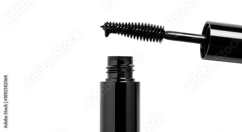 Photos Black mascara with brush isolated PNG on transparent background, cosmetic produc