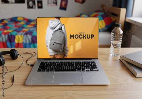 Laptop screen mockup in teenager room on desk