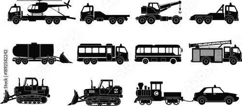 Set of old tractor silhouettes and industrial machinery vectors featuring heavy transport vehicles like trucks, excavators, and bulldozers isolated as black icons for construction and road industry
