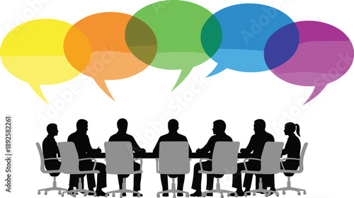 Business meeting discussion concept with speech bubbles, corporate team communication brainstorming, professional conference table collaboration, colorful dialogue icons, vector illustration