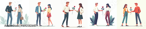vector of a couple standing giving roses on Valentine's Day