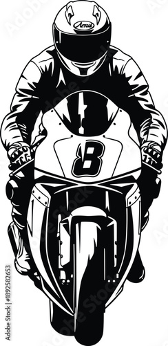 Black and white of a motorcycle racer wearing a helmet and racing suit on a sportbike
