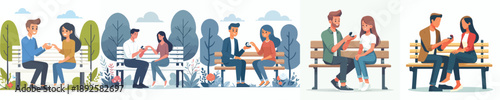 vector of man and woman sitting on a park bench proposing with a ring