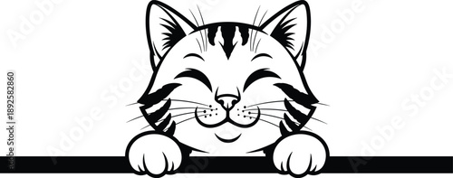 Black and white cartoon of a happy tabby cat peeking over a black bar kitten