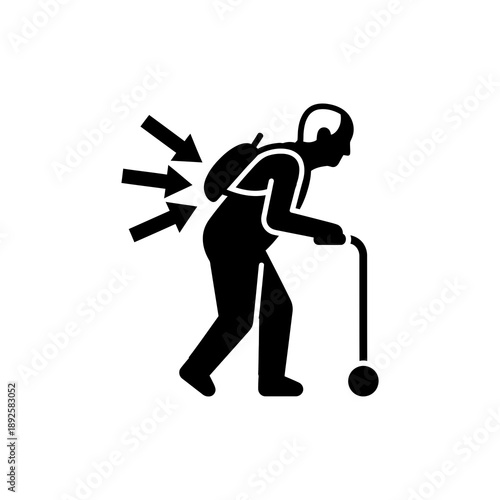 Elderly Man with Cane Icon Indicating Back Pain and Mobility Issues