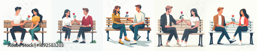 vector of man and woman sitting on a park bench giving a red rose