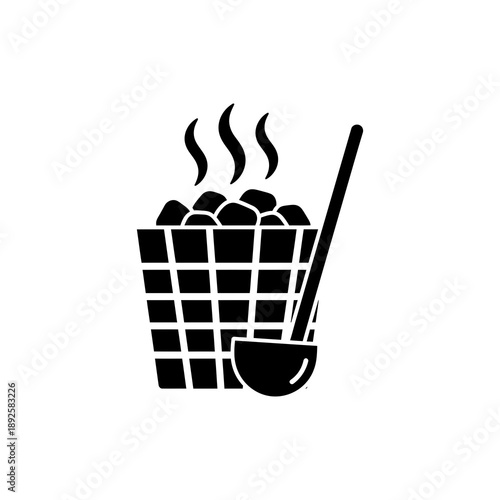 Sauna Heater Icon with Hot Stones, Steam, and Ladle