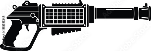 Black silhouette of a futuristic sci-fi with a grid pattern magazine and scope firearm