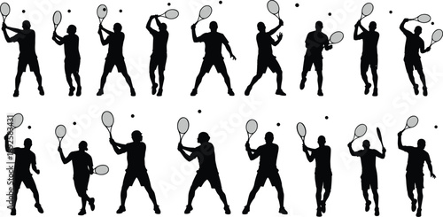 Tennis player silhouettes in various action poses with balls and rackets