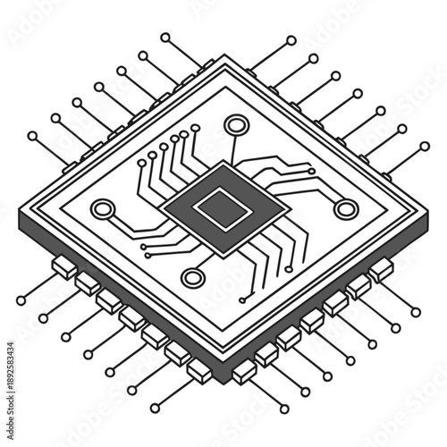 Advanced Digital Logic Chip Circuit Density Pattern Vector Graphic with Gradient Blue Purple Background and White Typography Elements