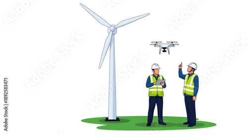 Two engineers in hard hats and reflective vests operating a drone near a wind turbine on a green field with a clean white background.
