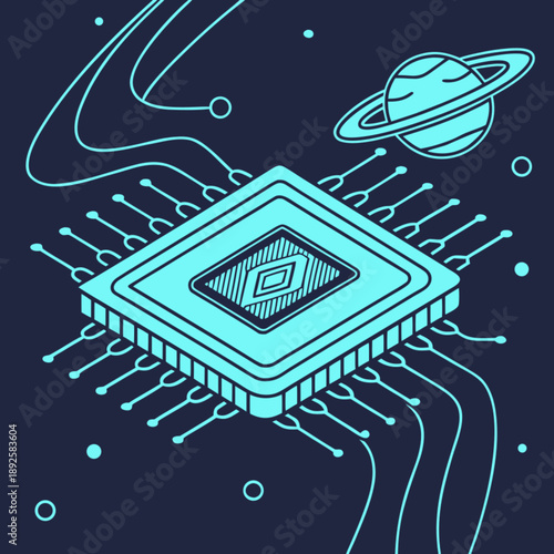Advanced Silicon Processor Chip Floating in Space with Quotation Marks and Gradient Blue Purple Background