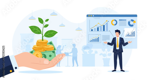 Investment Growth Concept Hand Holding Money with Sprout and Business Presentation.