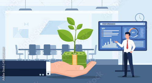 Investment Growth Concept Hand Holding Money with Sprout Financial Success.