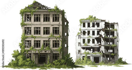 Abandoned ruined buildings covered with overgrown vegetation, urban decay and post apocalyptic environment illustration concept.