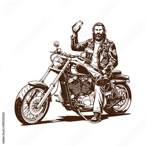 Man sitting on motorcycle with beer bottle in hand