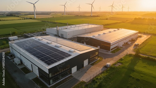 Aerial view of industrial buildings with solar panels and wind turbines