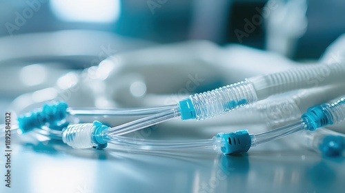 Close up of sterile medical tubing and connectors for healthcare equipment