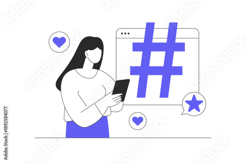 Social network. Woman browses news feed on social networks, uses hashtags and likes posts, communicates online. Flat Cartoon Vector Illustration, icon Stylish abstract design landing page web