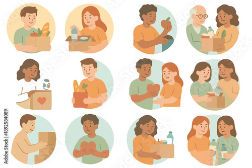 Community food bank volunteers icons set, 12 charity service elements, isolated on transparent background
