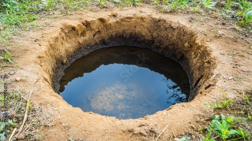An empty dusty well opening with visible sediment at the bottom and a reflection of the sky on the water surface