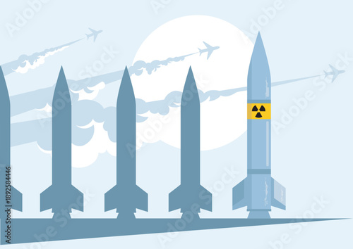 Threatening nuclear missile silhouettes with bomber aircraft, modern war concept