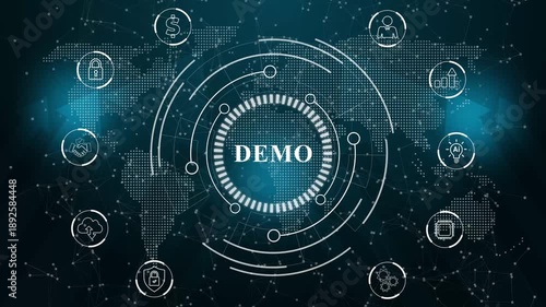 A Demo button on a clear projection ,Blue wave digital data flow. Seamless loop technology network background concept . Futuristic digital technology data connection symbols on a deep cyan color