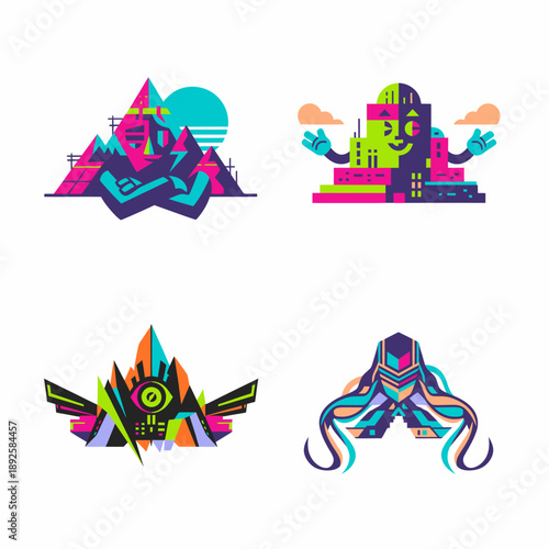 Retro Futuristic Cityscape, Mountain, and Octopus Illustrations