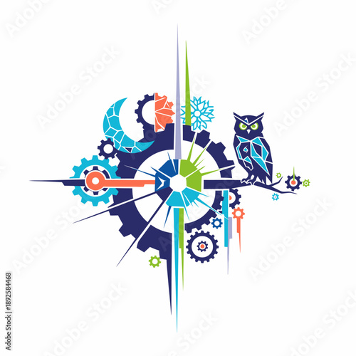Steampunk Owl and Compass Rose with Gears and Celestial Elements