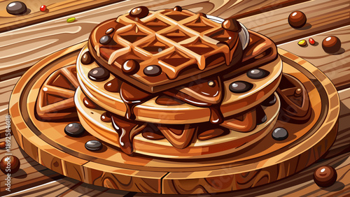 Very beautiful close-up of chocolate-covered waffles with scattered chocolate chips on a wooden board, showcasing layered textures, glossy chocolate coating, and indulgent dessert appeal.