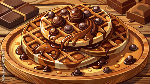 Very beautiful close-up of chocolate-covered waffles with scattered chocolate chips on a wooden board, showcasing layered textures, glossy chocolate coating, and indulgent dessert appeal.