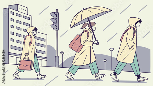 Three people walking in the rain with raincoats and umbrellas.