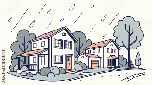Illustration of a suburban house with garage and garden on a rainy day.