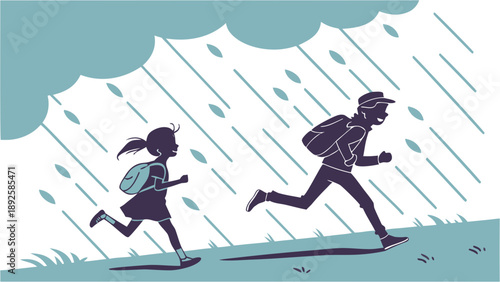 Father and daughter running together in the rain with backpacks.
