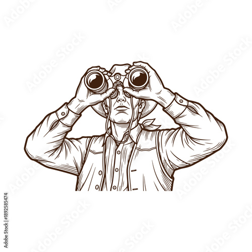 Man looking through binoculars with curiosity and interest