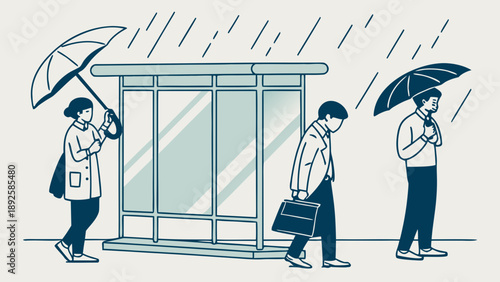 People waiting at a bus stop on a rainy day.