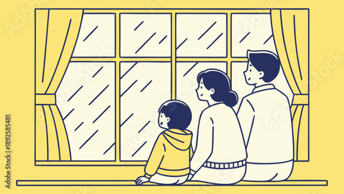 Family of three sitting together on a windowsill looking outside.