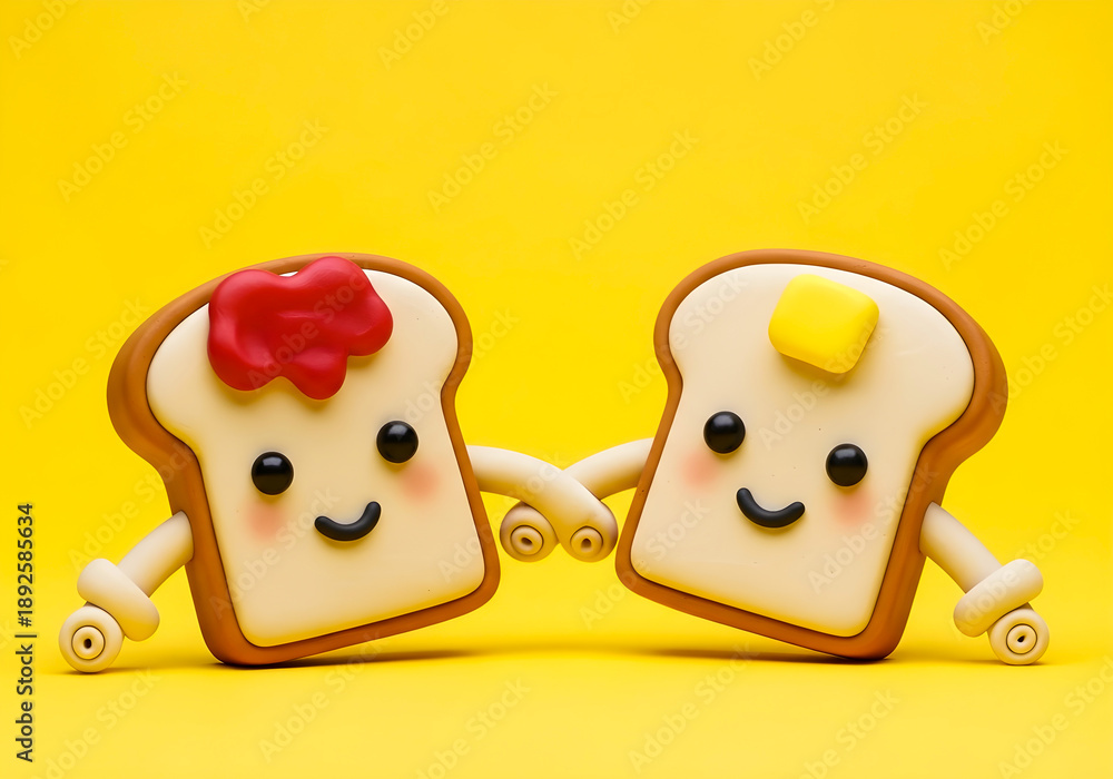 Fototapeta premium Two slices of cartoon toast with smiling faces and arms on a yellow background