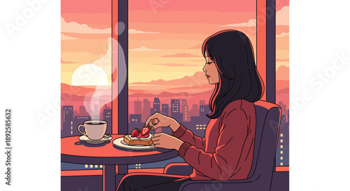 Woman enjoying breakfast alone in a cozy cafe with a cityscape view at sunrise.