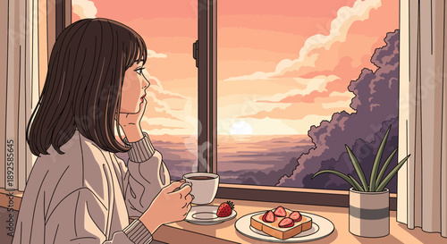 Woman enjoying breakfast and a warm cup of coffee by the window at sunrise.
