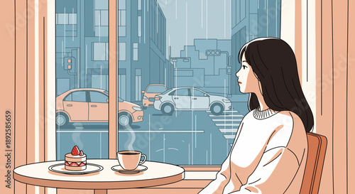 Woman enjoying coffee and cake in a cozy cafe with a city view.