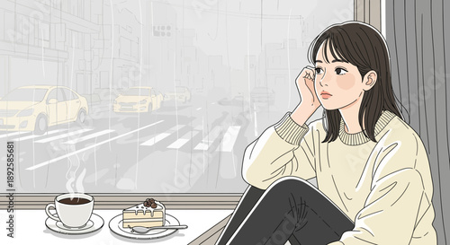 Young woman relaxing with coffee and cake by the window on a rainy day.