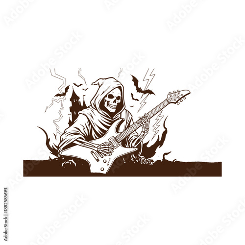 Grim reaper playing electric guitar with bats and lightning