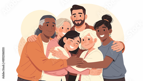 Diverse group of people embracing and showing unity.