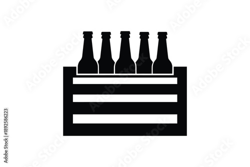 Black silhouette of six beer bottles in wooden crate isolated on white background for drinks