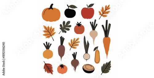 Rustic autumn harvest fruits and vegetables doodle vector set