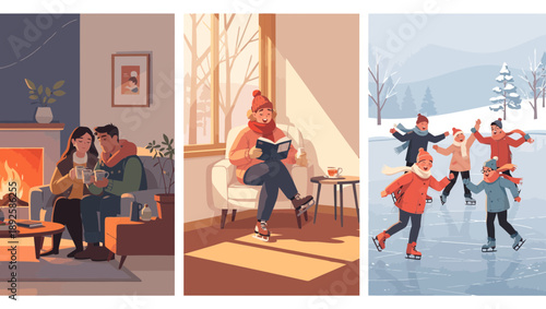 Cozy winter moments with family and friends ice skating together.